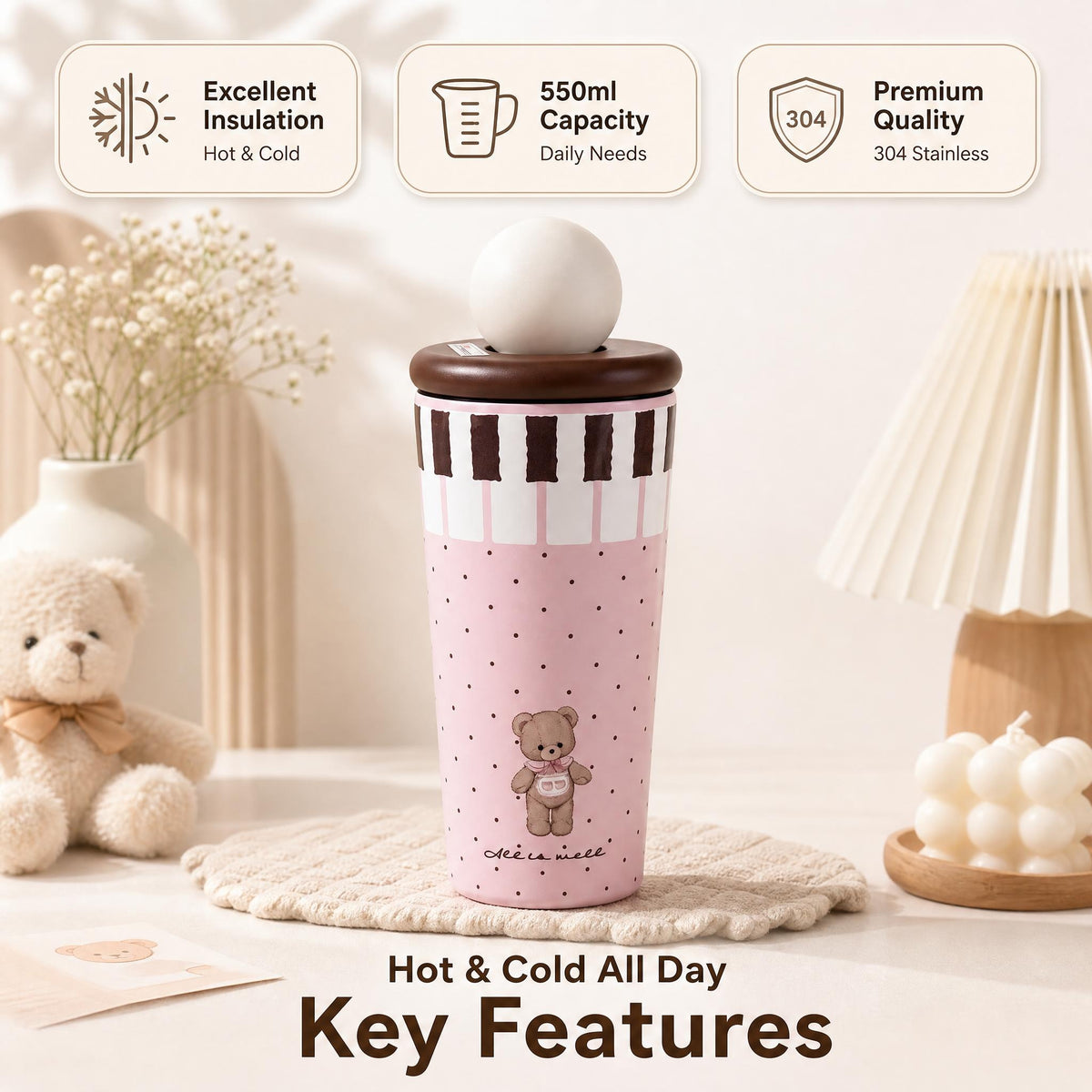 550ml.Adorable Bear & Piano Print Stainless Steel Tumbler. keeps hot & cold