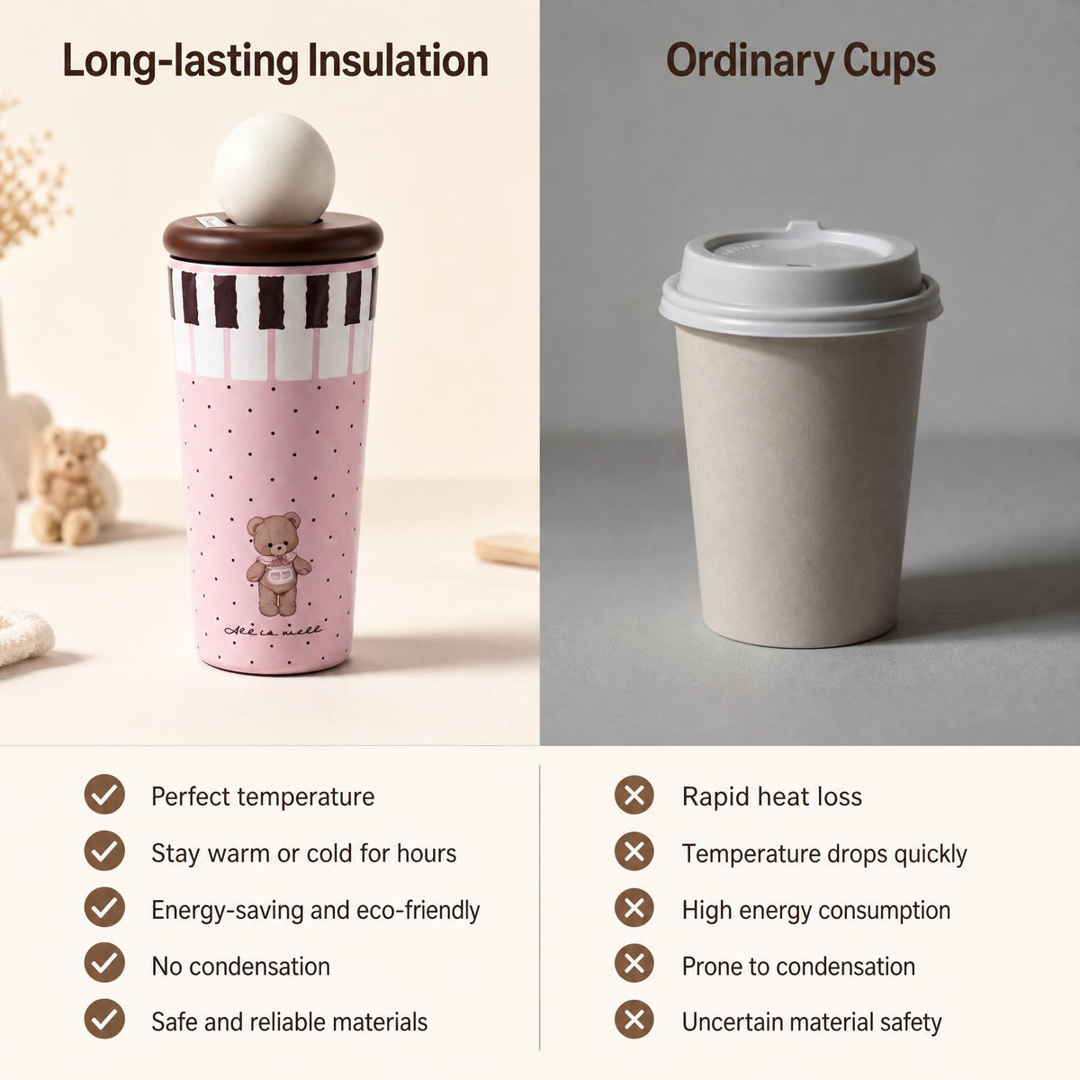 550ml.Adorable Bear & Piano Print Stainless Steel Tumbler. keeps hot & cold