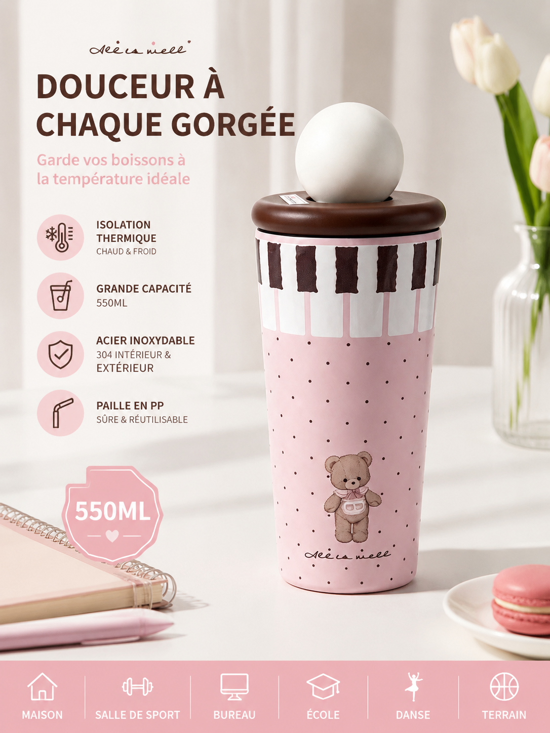 550ml.Adorable Bear & Piano Print Stainless Steel Tumbler. keeps hot & cold