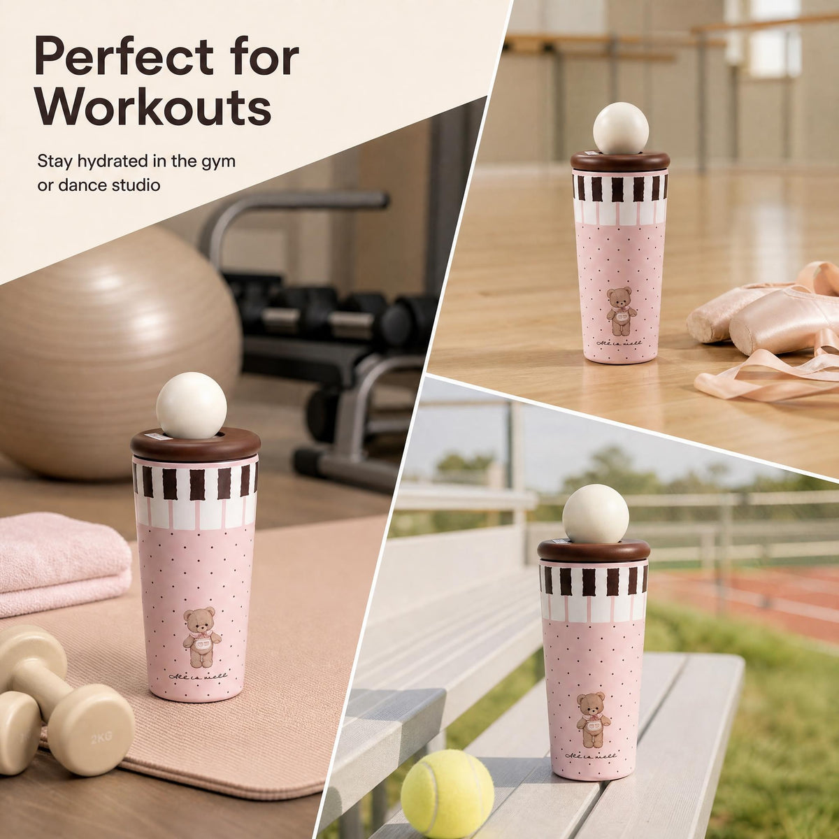 550ml.Adorable Bear & Piano Print Stainless Steel Tumbler. keeps hot & cold