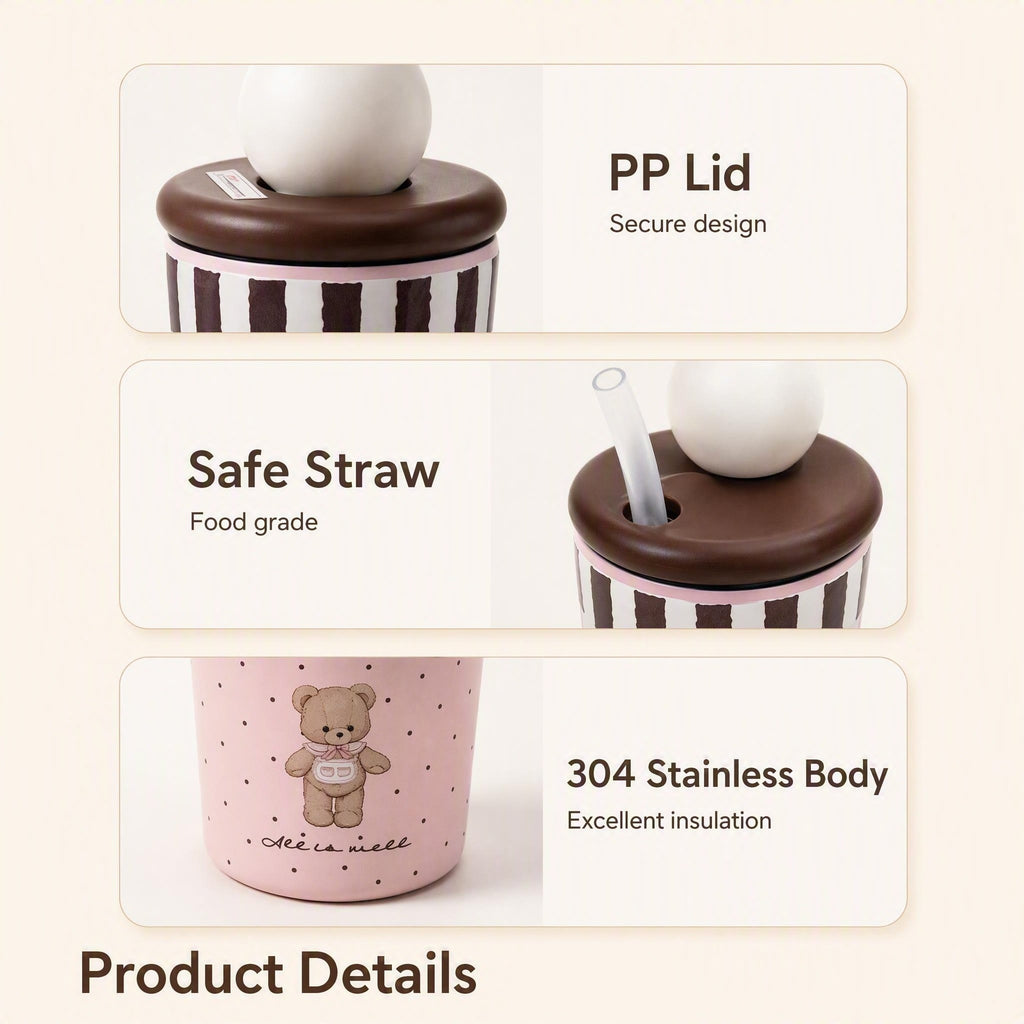 550ml.Adorable Bear & Piano Print Stainless Steel Tumbler. keeps hot & cold