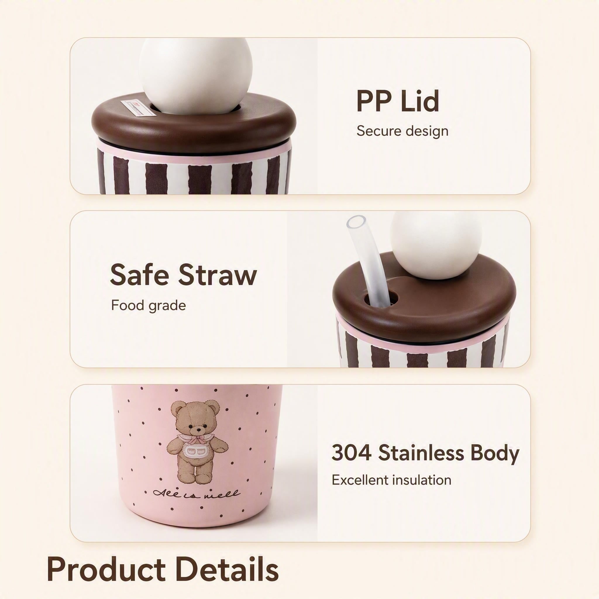 550ml.Adorable Bear & Piano Print Stainless Steel Tumbler. keeps hot & cold